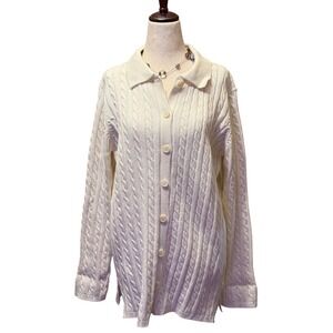 DENIM&CO. Cream Cable Knit Collared Button Up Sweater Women Size Small